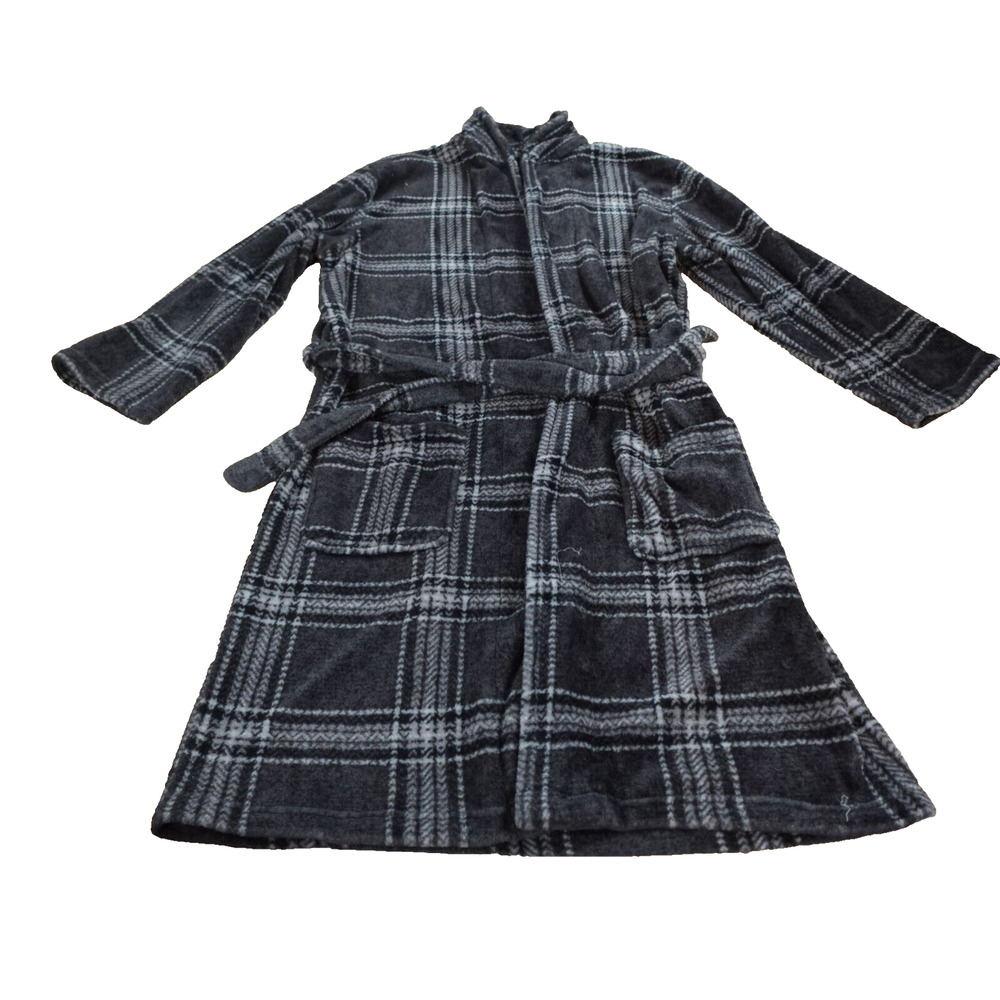 Perry Ellis Men OSFM Robe Plush Plaid Gray Black Pockets